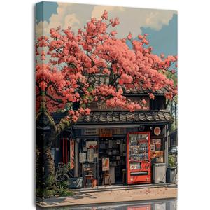 Japanese Cherry Blossom Canvas Wall Art,Vintage Convenience Store Painting Picture Wall Decor,Elegant Scenery Poster Print Artwork for Living Room Bedroom Office Home Decoration 16x24in