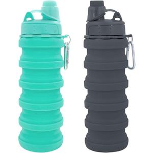 Collapsible Water Bottles Travel water bottle Sports Portable Sport Water Bottle Reusable Water Bottles comes with mountaineering Buckle 500ml silicone Water-proof camping water bottle (Green+Grey)