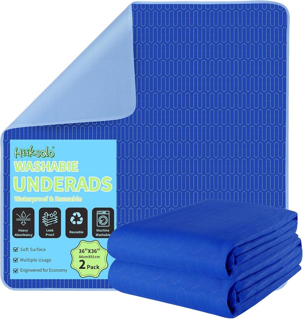 Washable Chucks Reusable Incontinence Underpads Waterproof Bed Pads for Adults 36" x 36" 2 Pack, Mattress Protector Pee Pads for Kids, Dogs, Leakproof Heavy Absorbency Royal Blue