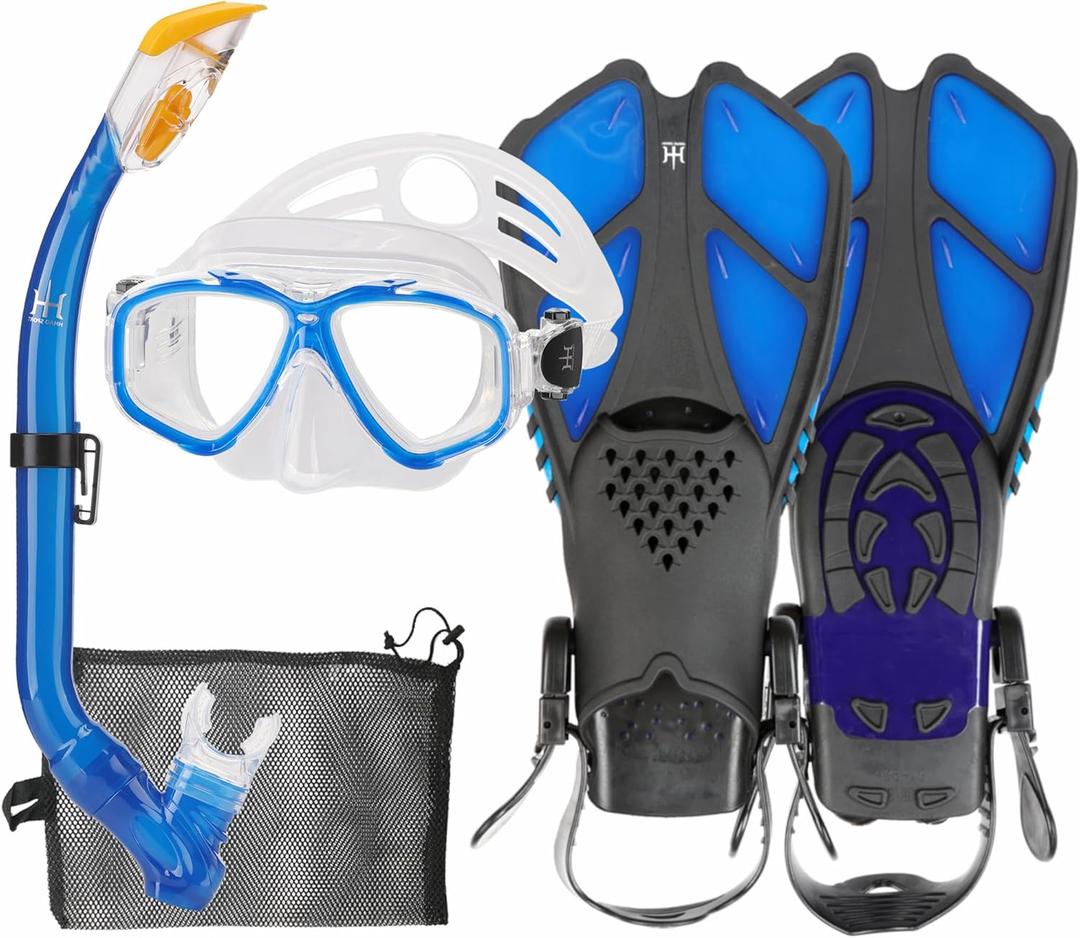 Kids Mask Fins Snorkel Set Snorkeling Packages, with Diving Mask, Snorkel, Adjustable Swim Fins, Mesh Bag, Anti-Fog Anti-Leak Snorkeling Gear for Kids for Snorkeling Swimming Diving (Blue)