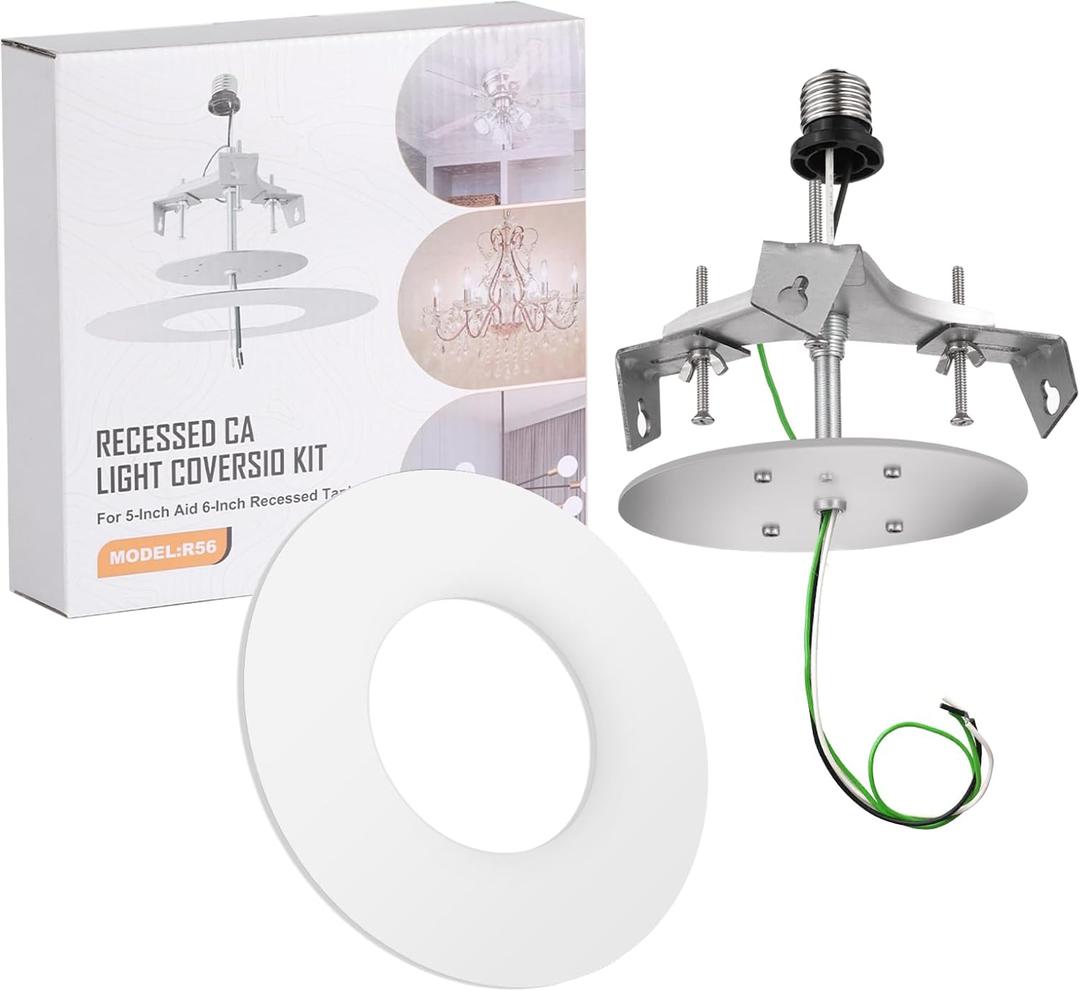Upgrade R56 Recessed Can Light Conversion Kit, Ceiling Light Fixture, Pendant & Hanging Light, Fan Compatible, 7 Inch Flat Steel Ceiling Medallion, White