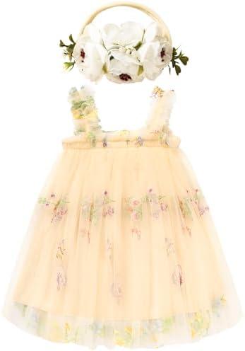 Toddler Baby Girl Tutu Dress Sleeveless Floral Print Tulle Dress Little Girl Princess Dresses with Flower Headband, 6-12M