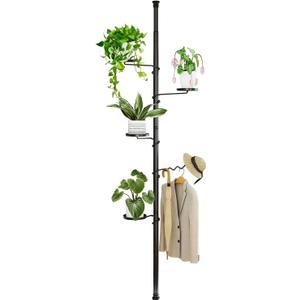 BAOYOUNI 5 Tier Indoor Plant Pole Stand Tension Rod Adjustable Flower Display Rack Spring Loaded Floral Hanger Storage Shelf with 4 Trays & 1 Wave Hook, Black (4 Trays & 1 Wave Hook, 5 Tier)