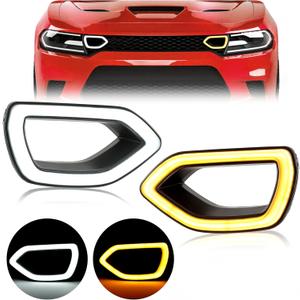HECASA Grille Lights LED Compatible with 2015-2022 Dodge Charger SRT/Scat Pack Daytona SXT & R/T Front Bumper White & Yellow Lights for DRL Smoked Left & Right Side