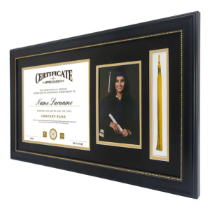 GraduationMall 11x22 Mahogany Diploma Frame with Tassel Holder and Picture for 8.5x11 Certificate 5x7 Photo,Real Glass,Black over Gold Mat