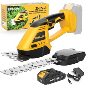 20V Cordless Grass Shear & Shrubbery Trimmer 2-in-1 Handheld Hedge Trimmer with 2.0Ah Battery and Fast Charger, Small Electric Bush Trimmer for Garden, Yard, Lawn Maintenance