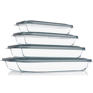 KOMUEE 8 Pieces Glass Baking Dish with Lids Rectangular Glass Baking Pan Bakeware Set with Lids, Baking Pans for Lasagna, Leftovers, Cooking, Kitchen, FridgetoOven, Gray