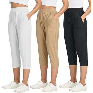 Real Essentials 3 Pack: Women's Ribbed Capri Jogger Lounge Sweatpants with Pockets Yoga Workout (Size L)