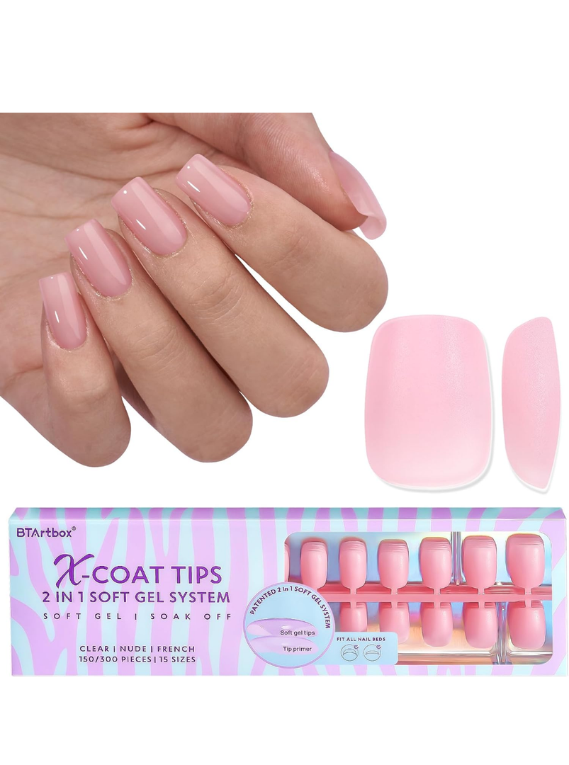 BTArtbox XCOATTIPS Natural Nail Tips - Short Square Press On Nails Pink, Long Lasting Soft Gel Nails False Nail, Soak Off Acrylic Fake Nails Extensions for Nail Art DIY Women