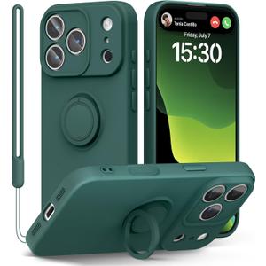 pcgaga Compatible with iPhone 17 Pro Case 6.3 inch, Silicone Slim Design with [Ring Holder Stand] [Wrist Strap] [Microfiber Lining] Shockproof Protective Case Cover for iPhone 17 Pro, Army Green