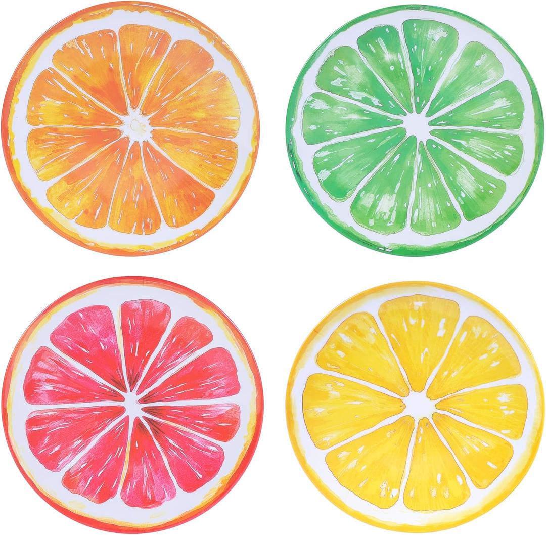 10 Inch Melamine Dinner Plates, Fruit Salad Dishes Set of 4, Summer Dessert Plate for Appetizer, Snacks and Side Plates, Birthday Party Lightweight Plates (Red/Green/Yellow/Orange)