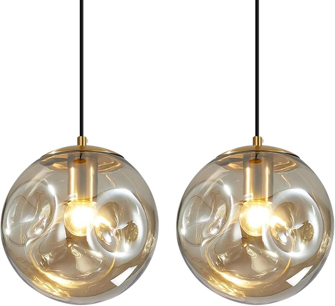 Modern Amber Concave Glass Pendant Light, 2-Pack Kitchen Island Lighting Single Globe Pendant Light Fixtures Century Kitchen Island Pendant Light for Bedroom Dining Room Light (Without Bulbs)
