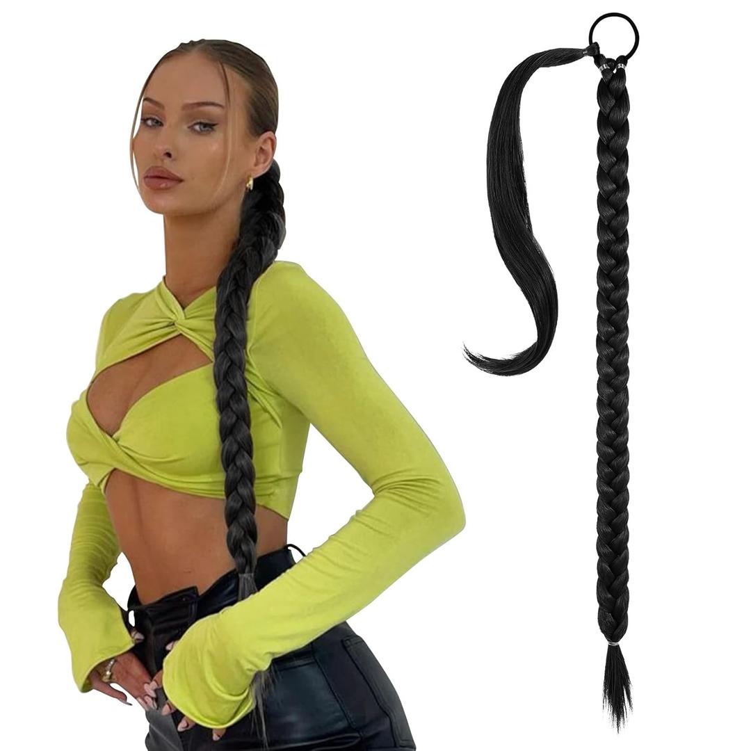 SEIKEA Long Braided Ponytail Extension with Hair Tie Straight Wrap Around Hair Extensions Ponytail Natural Soft Synthetic Hair Piece Daily Wear 30 Inch 160 Gram Black0000
