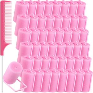 Syhood 48 Pcs Foam Sponge Hair Rollers Soft Sleeping Curlers Flexible Sponge Curler and Rat Tail Comb for Women Hairdressing Styling(Pink,1.57 inch)
