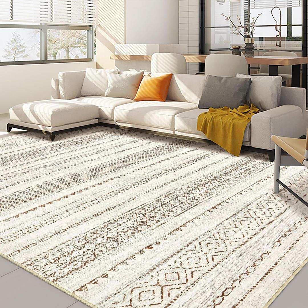 Nakagishi 7x9 Area Rug Living Room: Washable Boho Large Neutral Modern Soft Farmhouse Rugs Stain Resistant Indoor Floor Non-Slip Carpet for Bedroom Nursery Kids Playroom Office Dining Room- Brown