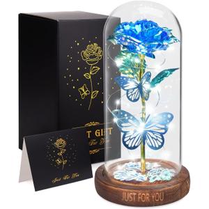 WOKEISE Light Up Rose Butterfly in Glass Dome, Mothers Day Rose Gifts for Mom, Birthday Anniversary Flower Lighted Roses Gifts for Women, Wife, Grandma, Girlfriend, Girls, Sister-Blue