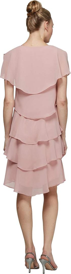 S.L. Fashions Women's Short Sleeve Tiered Chiffon Cocktail Dress, Wedding Guest Gown, Size 12