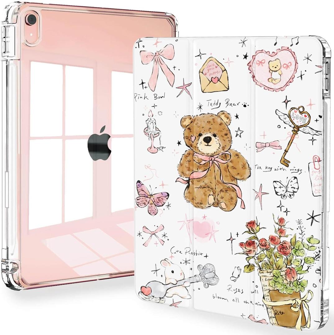 Feams Slim Case for iPad Air 11-inch M3 2025 / M2 2024, iPad Air 5th Generation 2022 / iPad Air 4th Generation 2020 10.9 Inch Case Clear Back with Pencil Holder & Auto Sleep, Cute Girls' Daily