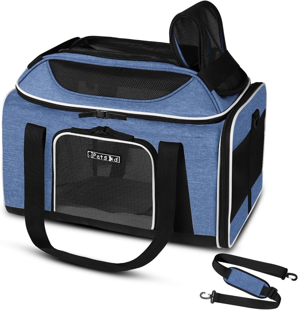Petskd Top-Expandable Pet Carrier 17x11x9.5 Inches Alaska Airline Approved, Soft-Sided Carrier for Small Cats and Dogs with Locking Safety Zippers and Anti-Scratch Mesh (Blue)
