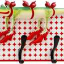 Decorative Wall Hook Rack with 4 Metal Hooks, 18" x 8" Red and White Vintage Plaid Panel, Whimsical Crocodile Wall Decor Organizer for Entryway, Kitchen, Living Room