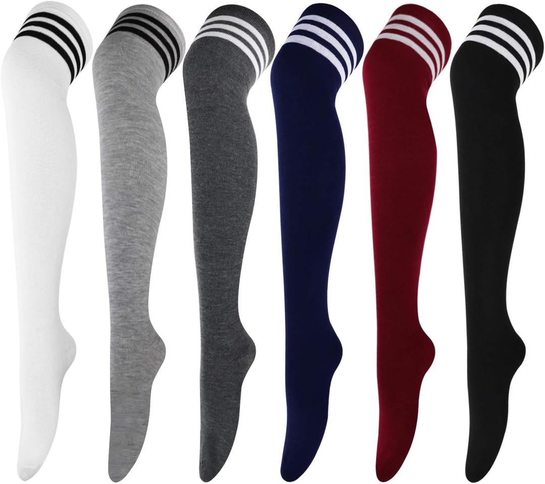 DRESHOW 6 Pairs High Thigh Socks Striped Over Knee Thin Tights Long Stocking for Women Leg Warmer (6 Pairs: Wine Red, Navy, Black, White, Light Gray, Gray) One Size