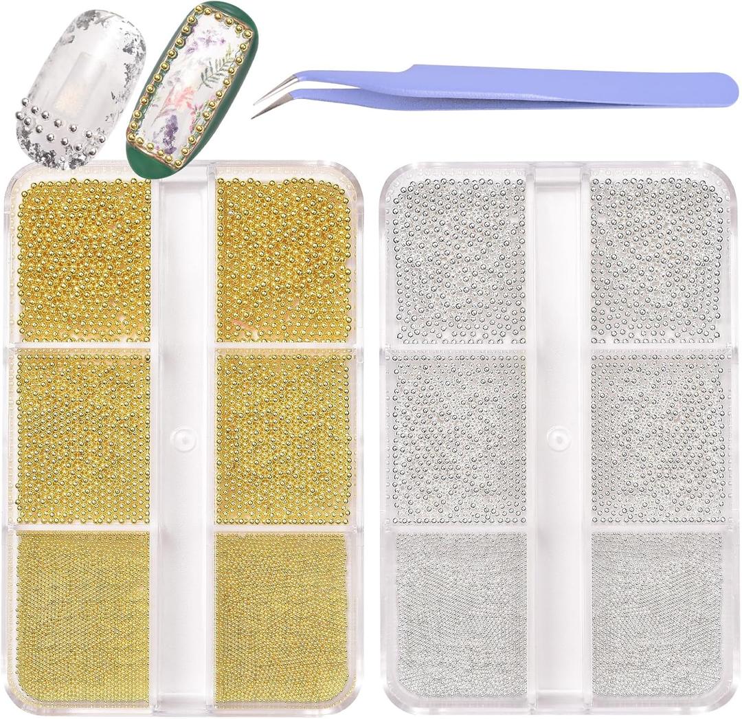 2Pcs Mini Nail Art Stainless Steel Beads Nail Art Decorations Nail Art Charms, Gold Silver Small Caviar Nail DIY Beads Nail Jewelry for Nail Salons and Home Use, with Purple Tweezers (2 Color Set)
