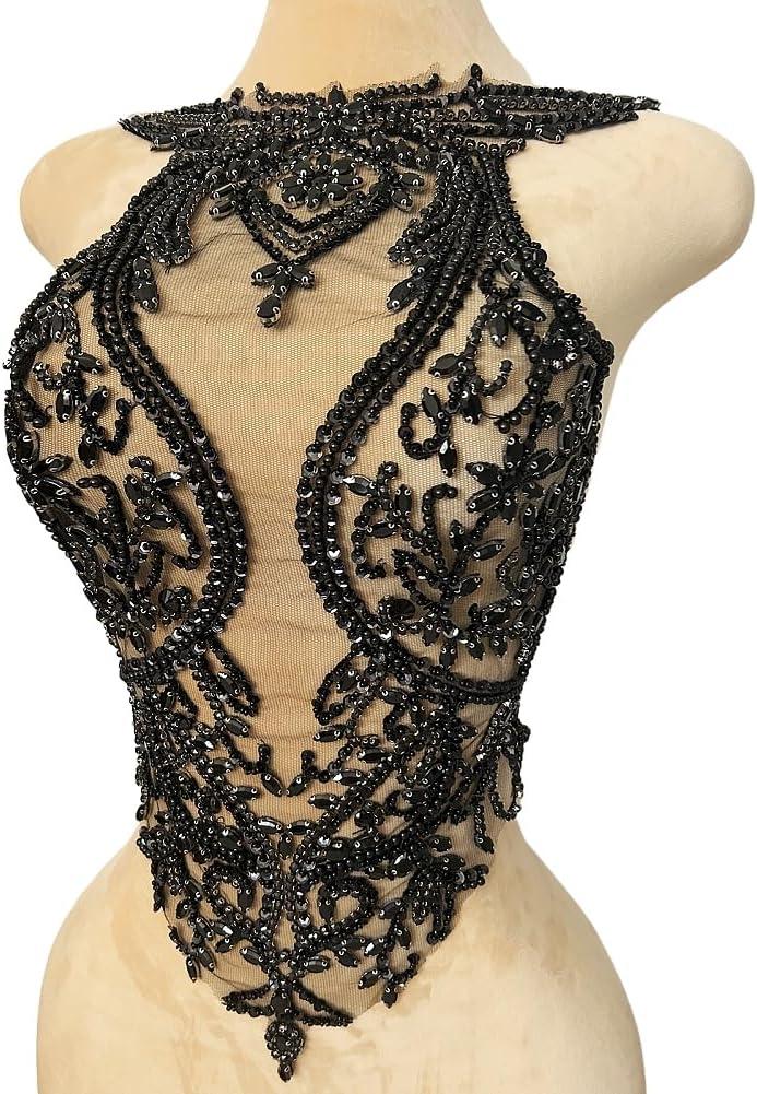Beaded Appliques Sew on Lace with Crystals Rhinestones for Sewing Clothes Patches Prom Gown Wedding Dress Decorations (Black) 36x60cm