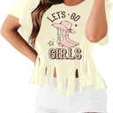 Western Shirts for Women Cowgirl Boots Hat Shirt Vintage Cowgirl Fringe Tops Short Sleeve (S)