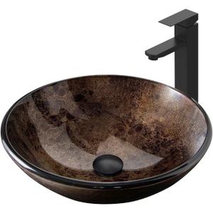Bathroom Artistic Vessel Sink, Tempered Glass Vanity Round Bowl with Black Faucet and Pop up drain Set, Brown