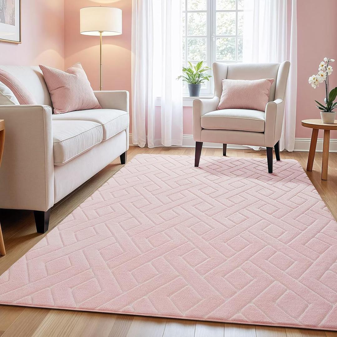 Macgace Ultra Soft Pink Area Rug for Girls Bedroom, 4x6 Modern Geometric Shag Rugs with Nonslip Backing for Living Room, Washable Fuzzy Carpet for Cozy Kids Room Nursery