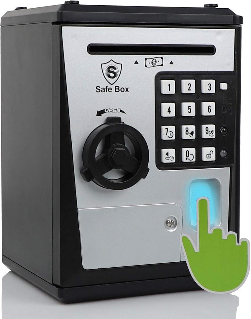 Lyght Mini ATM Savings Bank for Real Money, Electronic Voice Piggy Banks, Fingerprint Password, Kids Safe Box, Cool Stuff Gift for Boys and Girls Silver/Black