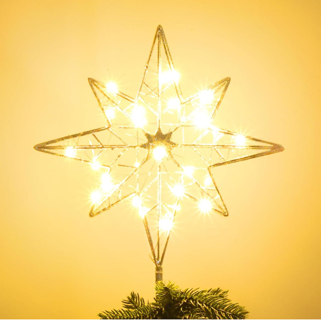 Christmas Tree Topper, 11 Inches Lighted Gold Glittered 8-Point Star Tree Topper, 30 LED Sparkling Tree Toppers Christmas Decorations, Battery Powered Timer Xmas Treetop Star Decor