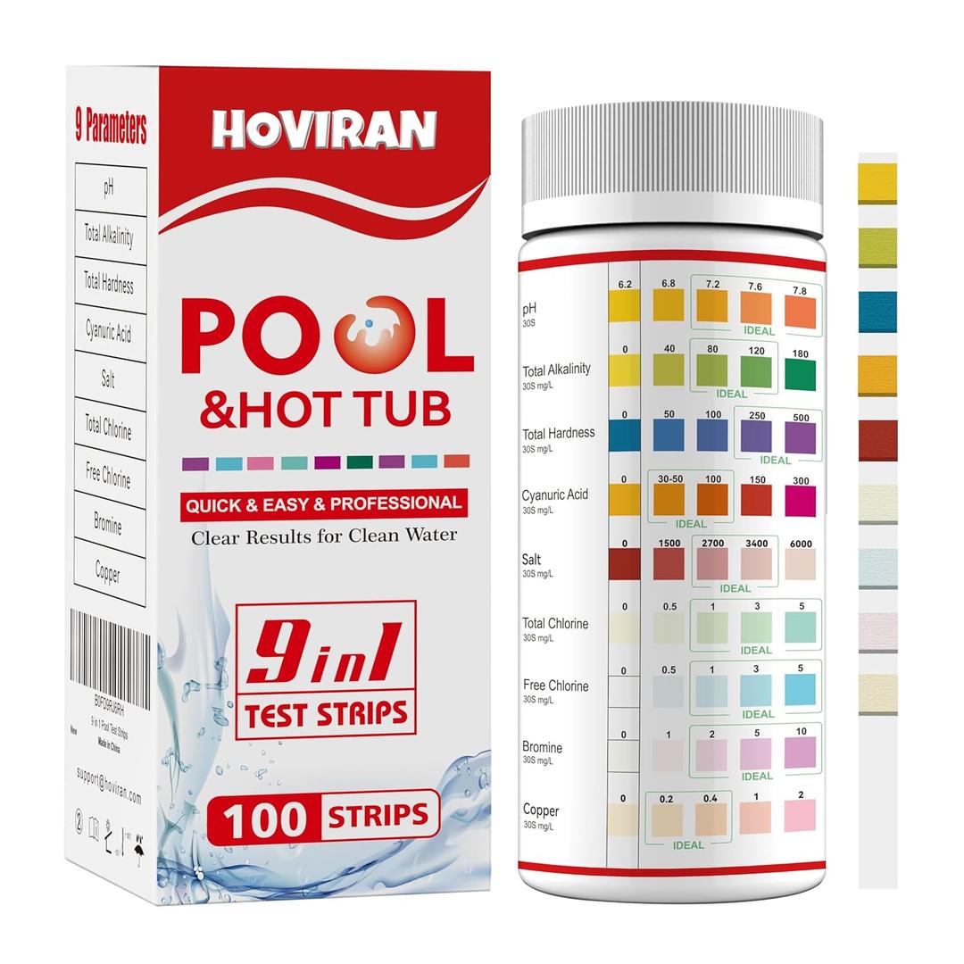 Pool Salt Test Strips, Hot Tub Test Strips 9 in 1, Accurate Pool Testing Kit for pH,Total Alkalinity,Salt, Copper,Total Hardness,Cyanuric Acid,Total Chlorine,Free Chlorine,Bromine, 100ct
