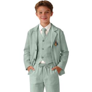 Retro Linen Boys Suit Slim Fit 5 Piece Sets Kids Wedding Outfit Linen Suits Casual Drawstring Tuxedo Set for Boy (S)