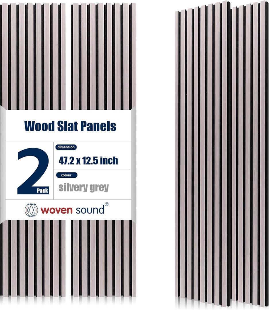Woven Sound Wood Panels for Wall, Functionality and Durability, Enhanced Acoustic & Sound Proof Fluted Design, Versatile Wood Slat Wall Decor for Home & Office, 2 Pack Silver Gray, 47.2x12.5 Inch, 47.212.5 inch, 2 Pack