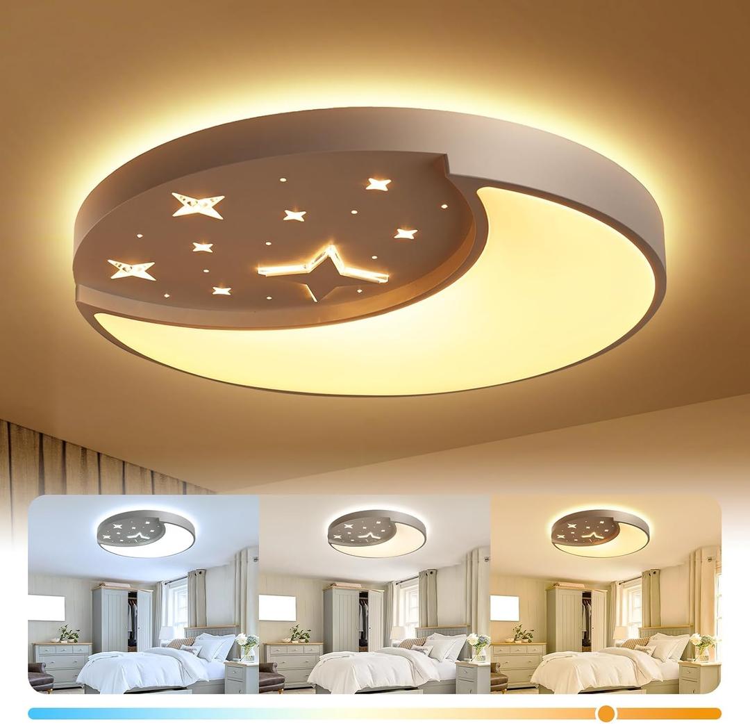 12 Inch Ceiling Light Fixtures, Creative Moon & Star Bedroom Ceiling Lights, 3 Color Temperature Selectable, Dimmable Ceiling Lights for Bedroom,Kids Room Kitchen Dining RoomRound White