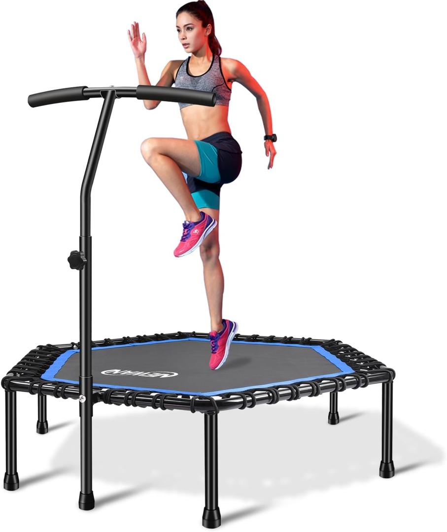 Newan 48'' Fitness Trampoline with Adjustable Handle Bar, Silent Trampoline Bungee Rebounder Jumping Cardio Trainer Workout for Adults - Max Limit 330 lbs (Blue)