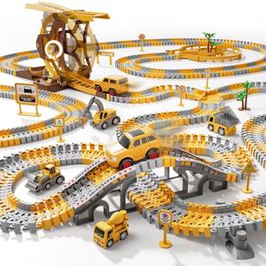 iHaHa 299 PCS Construction Race Tracks Boys Toys, 6 PCS Engineering Cars and Flexible Race Track Playset Create A Engineering Road Gifts Toys for 3 4 5 6 Year Old Boys Kids