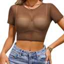 Avidlove Women's Sheer Mesh Crop Top Short Sleeve See Through T-Shirt Sexy Rave Festival Clubwear Tops （ Coffee Brown, L)