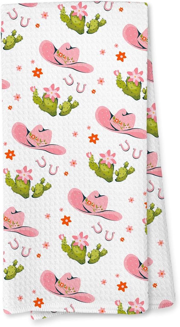 Giosve Western Kitchen Towels, Cactus Decor Hand Towels for Bathroom, Preppy Pink Cowgirl Hats Decorative Dish Tea Towels for Kitchen, Western Bathroom Decor, 16x24 Inch