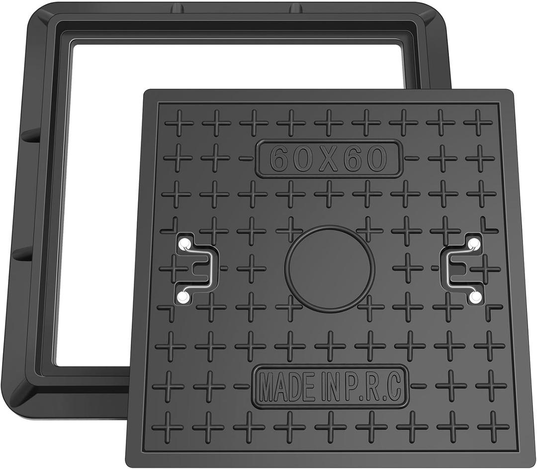 24 x 24 Inches Frp Solid Square Septic Tank Lid and Base with Handles Manhole Cover Clear Opening for Yard Lawn Garden Pavement, Black