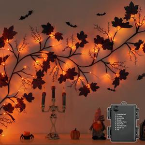 Ciyvotom 9 FT 72 LED Halloween Garland Willow Vine Twig Decor with Orange Lights and Dead Branches Black Leaves -Battery Operated for Indoor Wall Fireplace Halloween Decorations