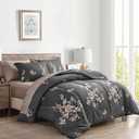 7 Pieces Bed in a Bag Queen Comforter Set with Sheets, Dark Grey Floral Design, Soft Microfiber Bedding Sets for All Season (1 Comforter, 2 Pillow Shams, 1 Flat Sheet, 1 Fitted Sheet, 2 Pillowcases)