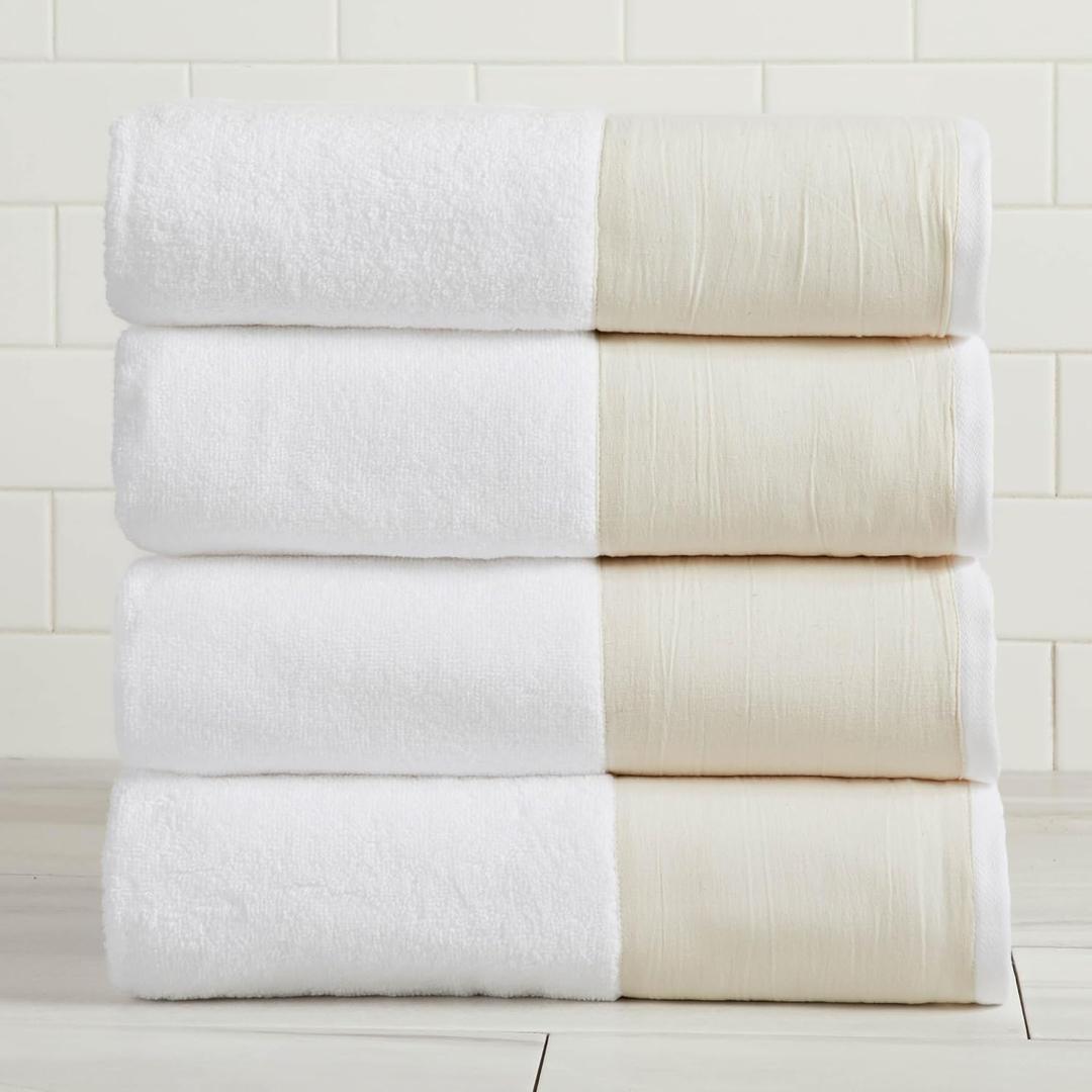 Great Bay Home White Bath Towel Set - Ultra-Soft 100% Cotton, Linen Like Border Design - 4 Bath Towels (54" x 30") - Absorbent, Quick-Dry, Lightweight Bathroom Towels