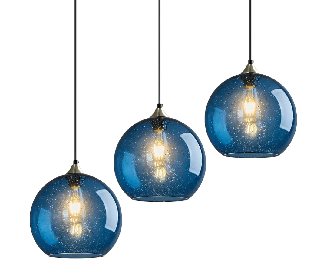 Blue Glass Pendant Lights Kitchen Island Lighting Globe Pendant Light Fixtures Modern Pendant Lighting for Kitchen Island Bedroom Living Dining Room Light Fixture(9.84in, 3-Pack)