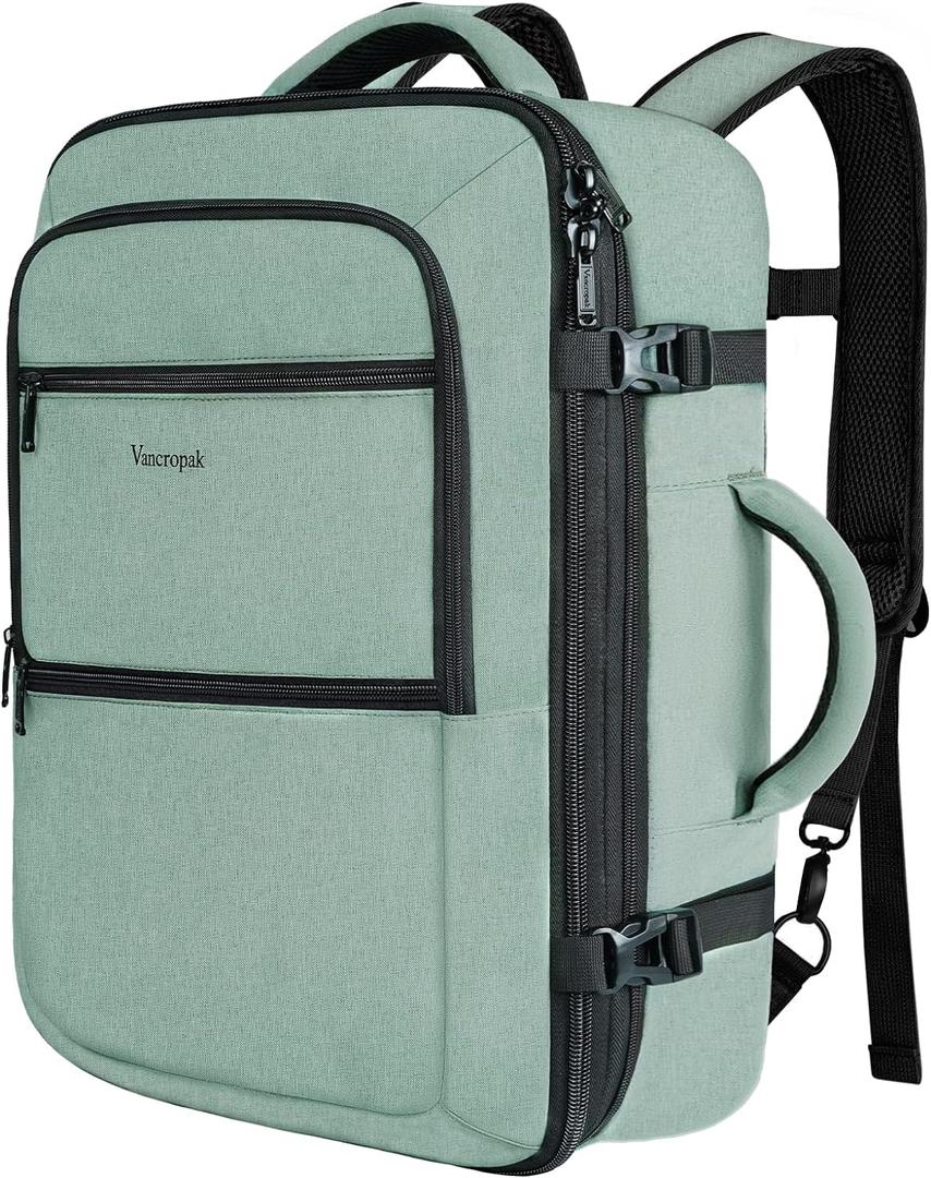 Vancropak Travel Bag, Large 40L Carry on Backpack Airline Approved Expandable Suitcase Daypack, Water Resistant Travel Backpack Overnight Lightweight Luggage Weekender Bag for Flight Men Women, Cyan (Green)