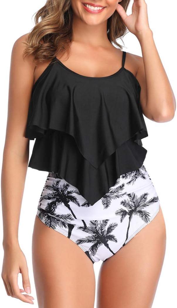 VeMee Tankini Swimsuits for Women High Waisted Swim Suit 2025 Bikini Sets Bathing Suits 2 PCS Tummy Control Ruffled Swimwear (Large, Black)