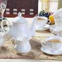 GuangYang 15-pcs Porcelain Tea sets for Adults, Off White Embossed Pattern with Gold Trim (A set Included 1 Teapot, 1 Sugar Bowl, 1 Cream Pitcher, 6 Cups and 6 Saucers), 7 Ounce, 200 ml