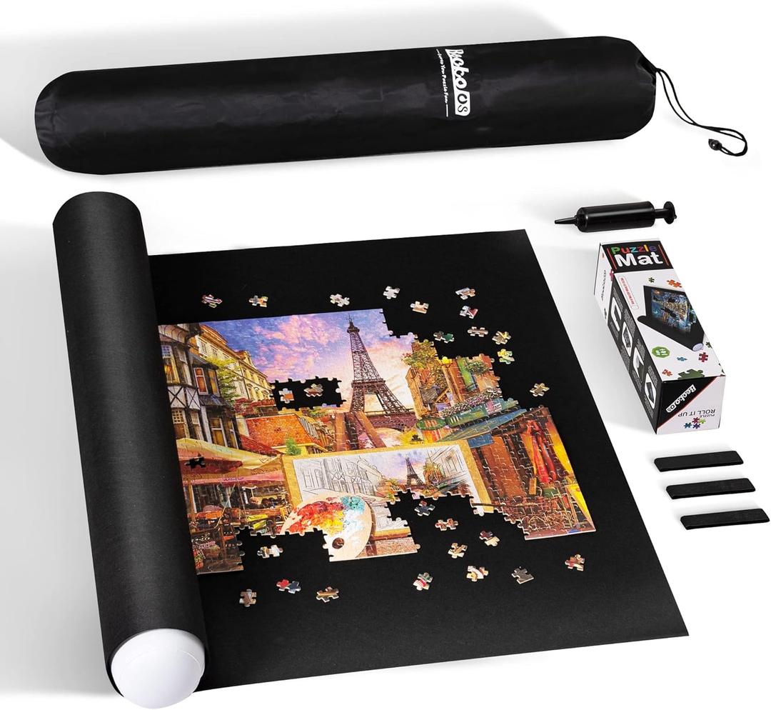 Becko US 2000 Piece Jigsaw Puzzle Mat Roll Up with Black Pump & Drawstring Storage Bag, Black Felt Mat for Easy Transport & Storage, Portable Puzzle Saver for 2000 1500 1000 500 Pieces Jigsaw Puzzles