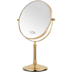 Gold Makeup Mirror 1X/10X Free Standing for Bathroom 8 Inches 360 Swivel Dual-Sided Tabletop Makeup Mirror, Metal (Gold Without Light)